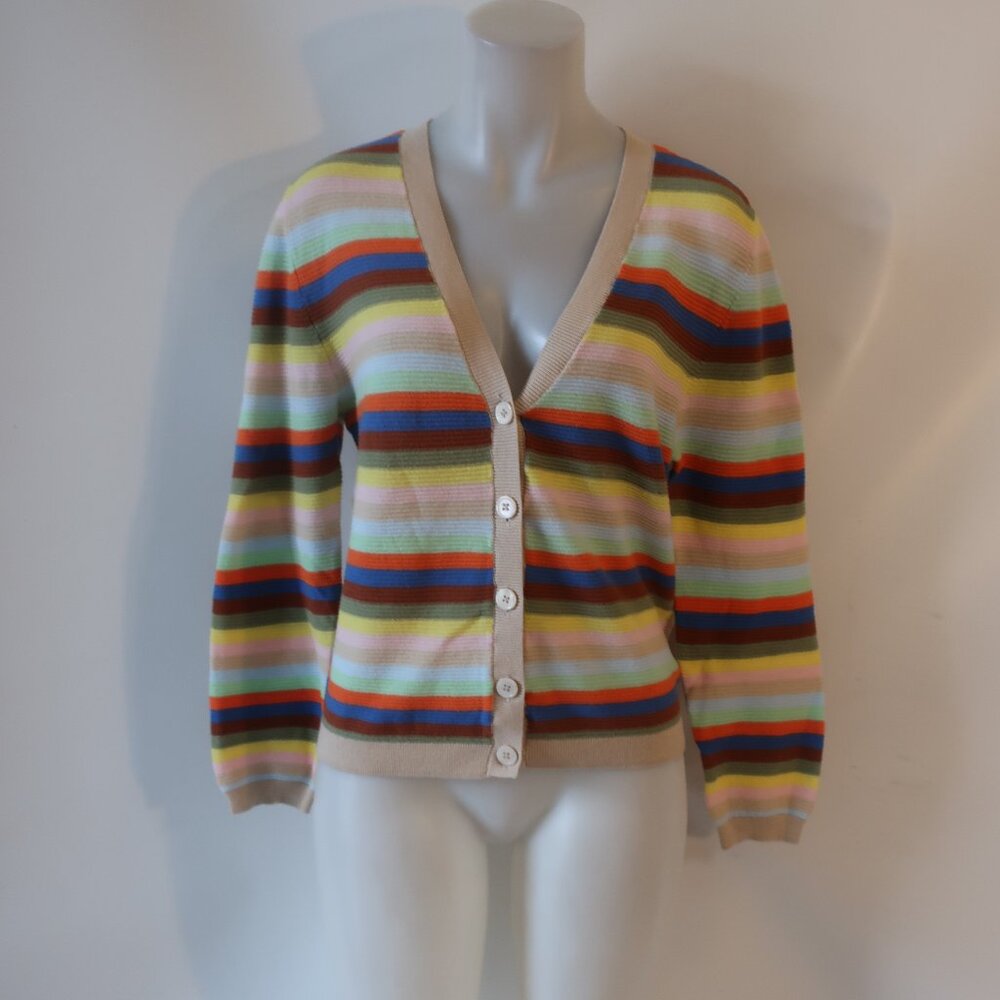 Womens 27 Miles Beige, Multi Striped Ribbed Cardigan Sweater M